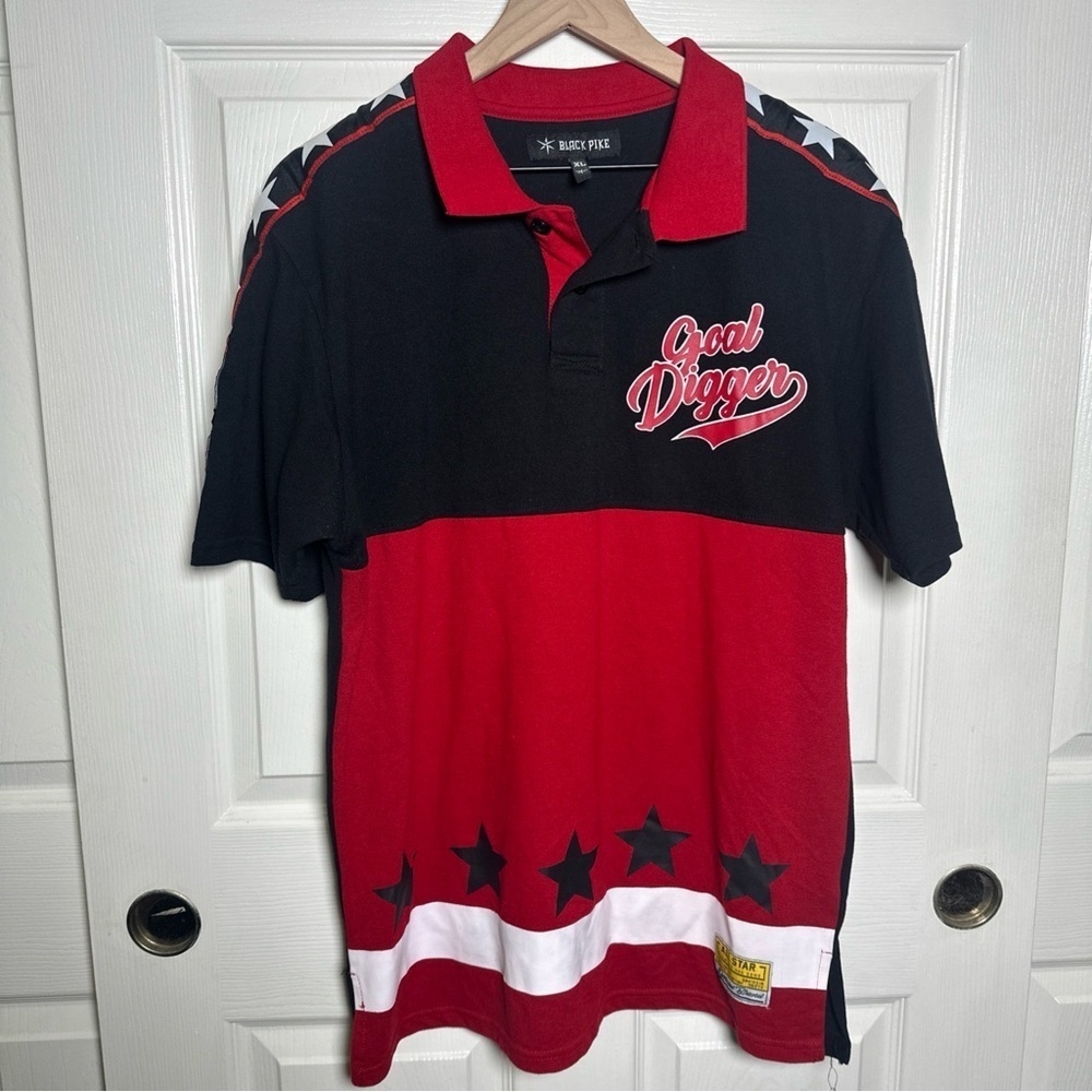 Black Pike Men’s Red Button Jersey XL Shirt Goal Digger Cotton Stars Stripes USA